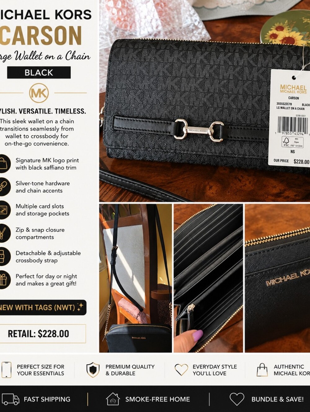 🖤NWT Michael Kors Carson Large Wallet on Chain Crossbody – Black - Picture 4 of 5